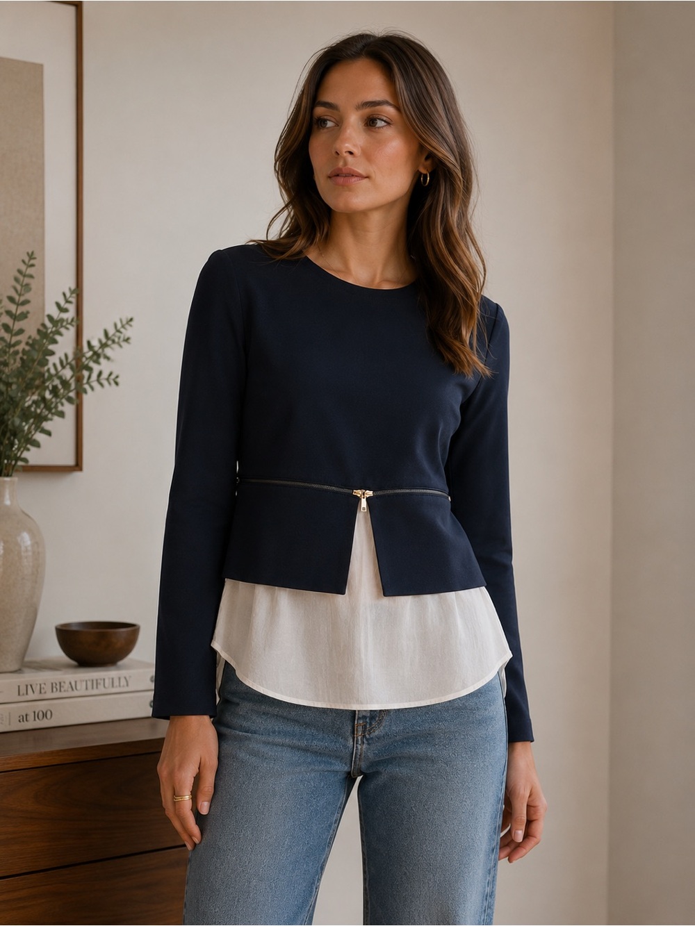 Zara Layered Zipper Blue White Blouse Top – XS